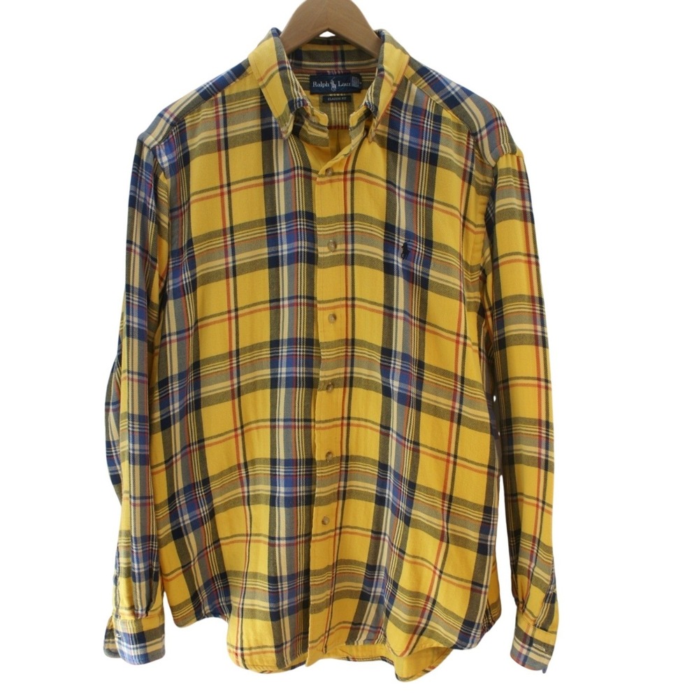 Ralph Lauren Mens Classic‎ Fit Yellow Plaid Flannel Button Down Shirt Large L